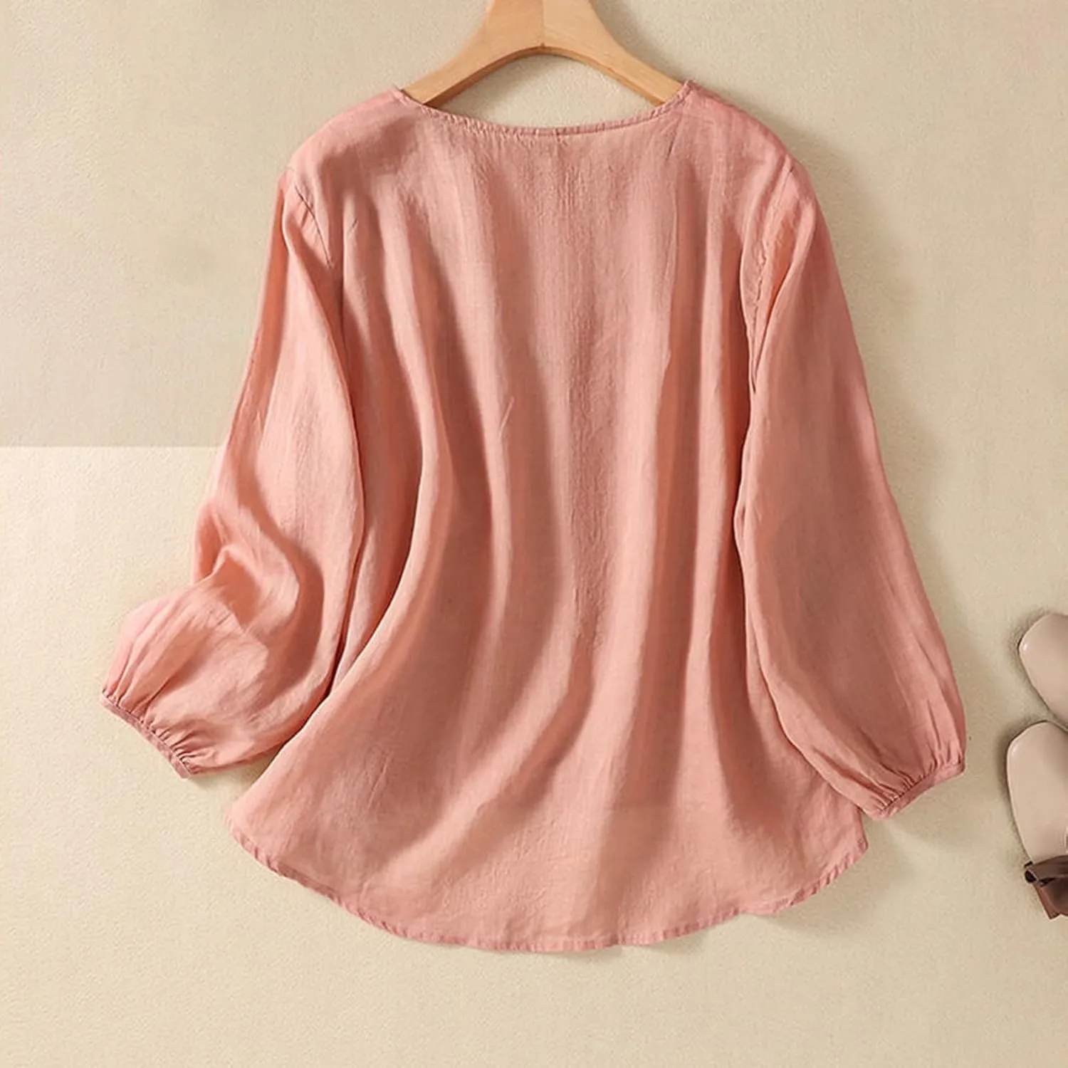 Womens Cotton Linen Shirts Summer Loose Crew Neck Casual Boho Long Sleeve Tee Top Vintage Bohemian Embroidered Blouse