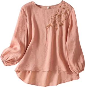 Womens Cotton Linen Shirts Summer Loose Crew Neck Casual Boho Long Sleeve Tee Top Vintage Bohemian Embroidered Blouse