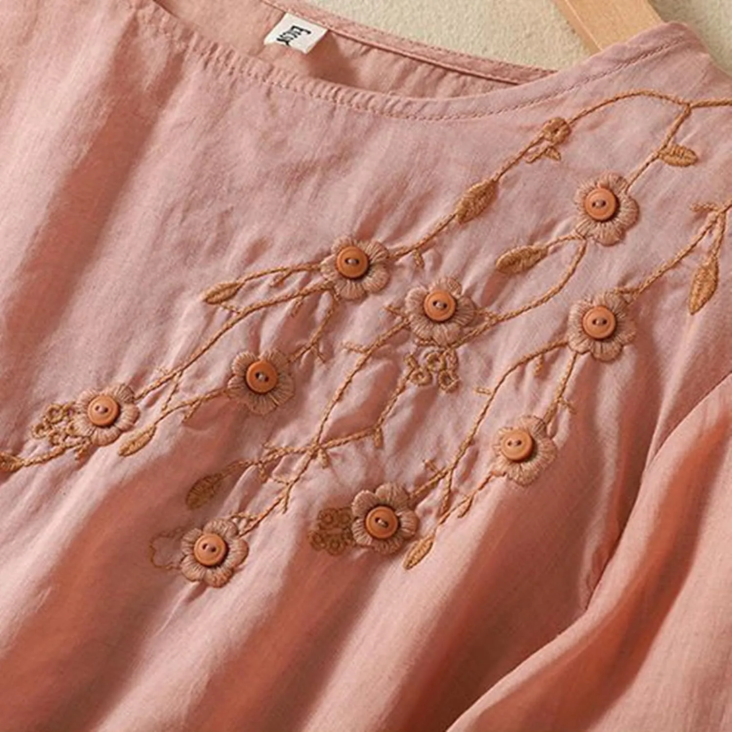 Womens Cotton Linen Shirts Summer Loose Crew Neck Casual Boho Long Sleeve Tee Top Vintage Bohemian Embroidered Blouse