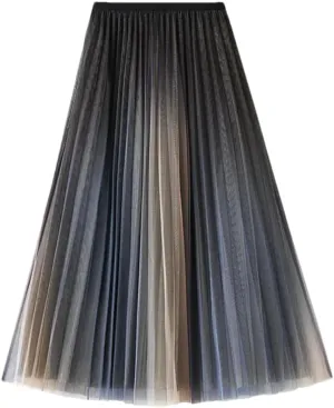 Women's High Waist Slim Double-Layer Mesh Gradient Color Bright Mid Length A-Line Pleated Skirts