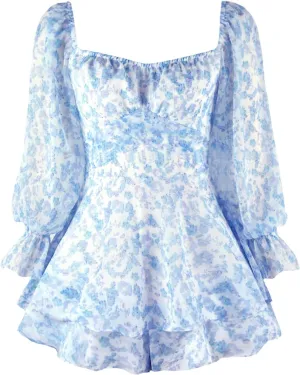 Women's Jumpsuit Prined Collar Lantern Long Sleeve Ruffle Layer Tie Mini Short Romper