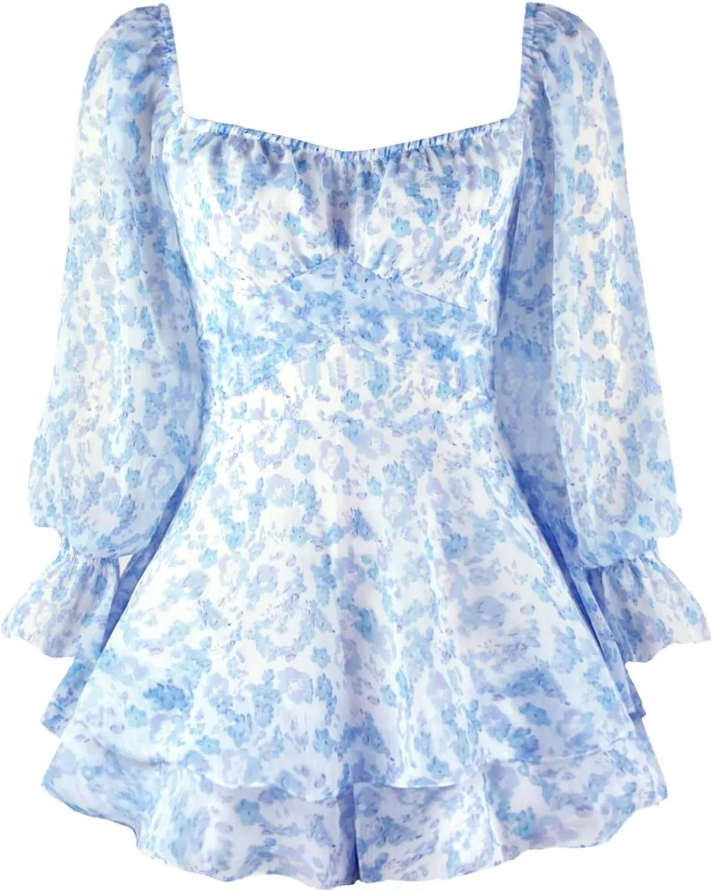 Women's Jumpsuit Prined Collar Lantern Long Sleeve Ruffle Layer Tie Mini Short Romper
