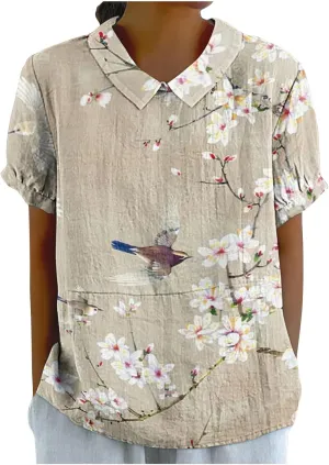 Womens Linen Vintage Tops Short Sleeve Babydoll Top Plus Size Casual Summer Tops Dressy Flowy Tops for 2024