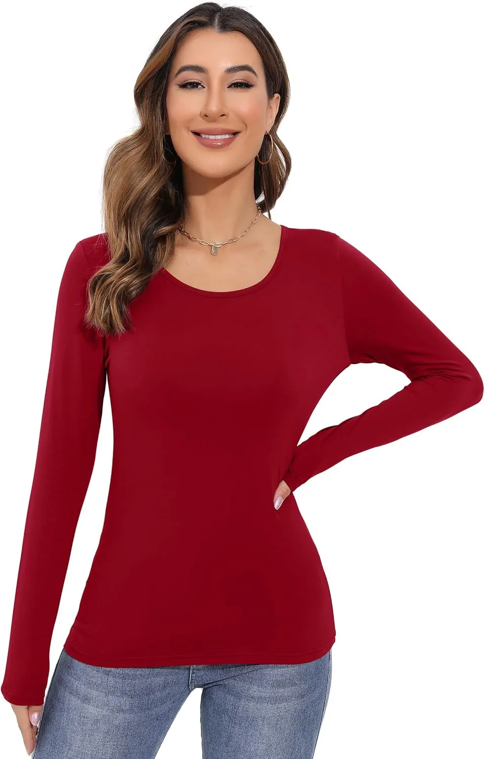 Women's Long Sleeve T-Shirt Scoop Neck Rayon Slim Fit Stretchy Layer T Shirts Tops