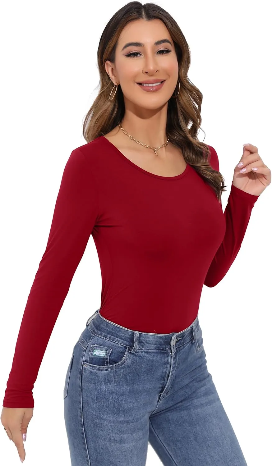 Women's Long Sleeve T-Shirt Scoop Neck Rayon Slim Fit Stretchy Layer T Shirts Tops