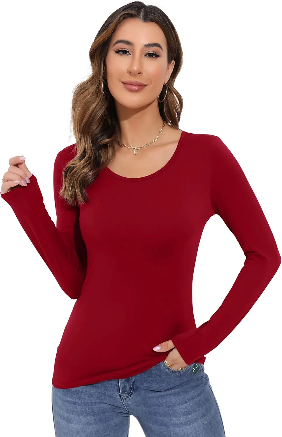 Women's Long Sleeve T-Shirt Scoop Neck Rayon Slim Fit Stretchy Layer T Shirts Tops