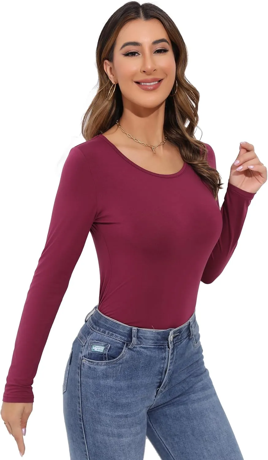 Women's Long Sleeve T-Shirt Scoop Neck Rayon Slim Fit Stretchy Layer T Shirts Tops