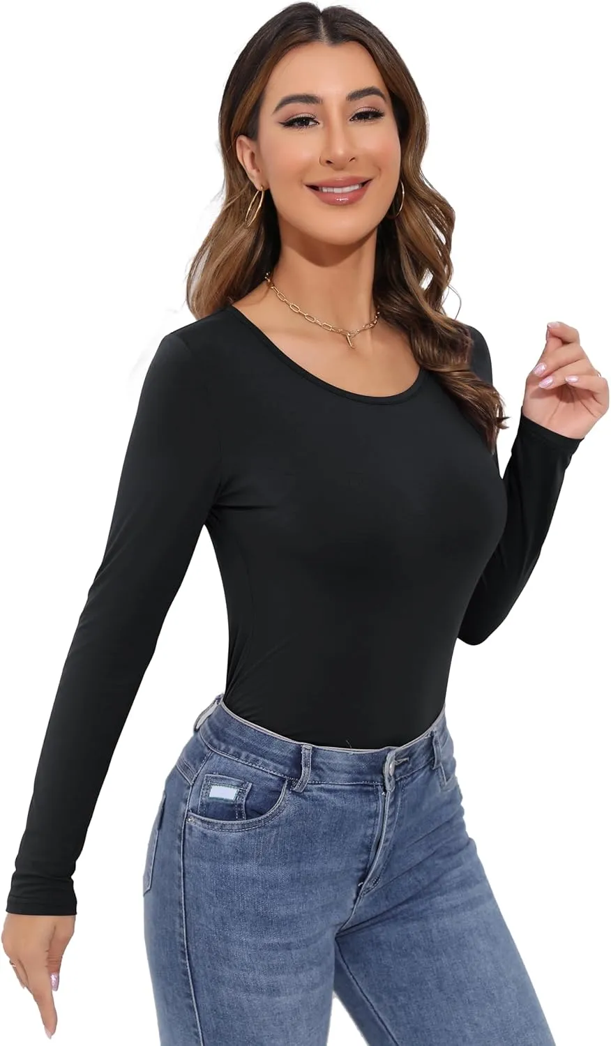 Women's Long Sleeve T-Shirt Scoop Neck Rayon Slim Fit Stretchy Layer T Shirts Tops