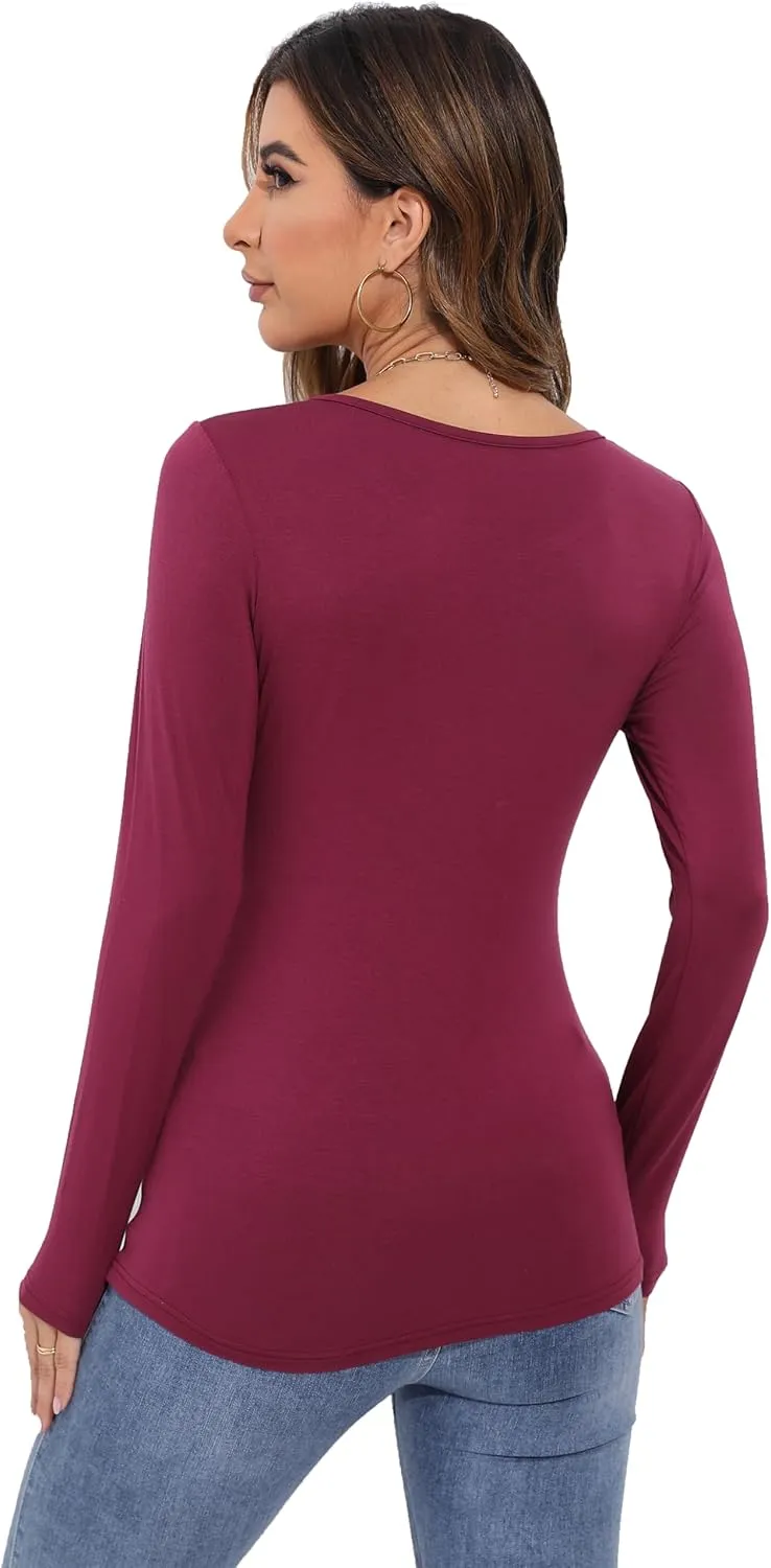 Women's Long Sleeve T-Shirt Scoop Neck Rayon Slim Fit Stretchy Layer T Shirts Tops