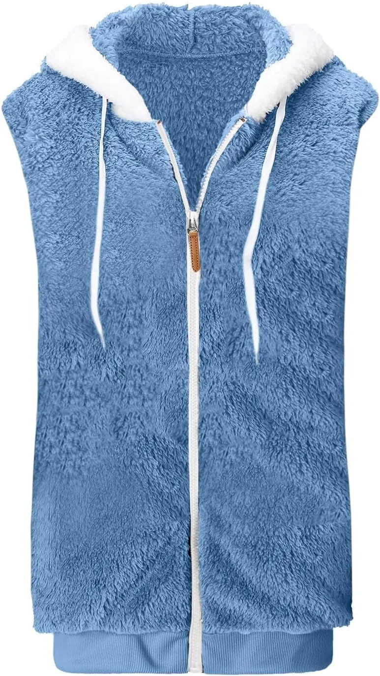 Women's Patchwork Fuzzy Jackets Cozy Fleece Plush Coats Loose Hooded Zip Up Hoodies Outerwear Zipper Sweatshirt