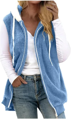 Women's Patchwork Fuzzy Jackets Cozy Fleece Plush Coats Loose Hooded Zip Up Hoodies Outerwear Zipper Sweatshirt
