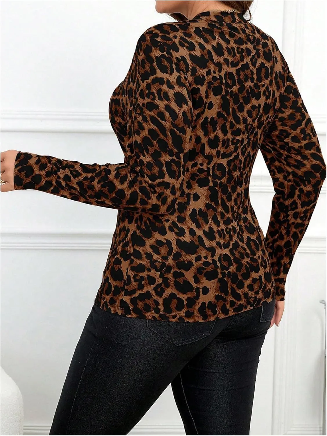 Women's Plus Size Leopard Tops Mock Neck Long Sleeve T Shirts Slim Fit Base Layer Tops