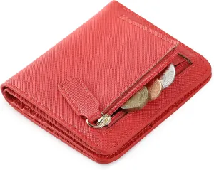 Womens Rfid Blocking Small Compact Bifold Luxury Genuine Leather Pocket Wallet Ladies Mini Purse with ID Window (Red)