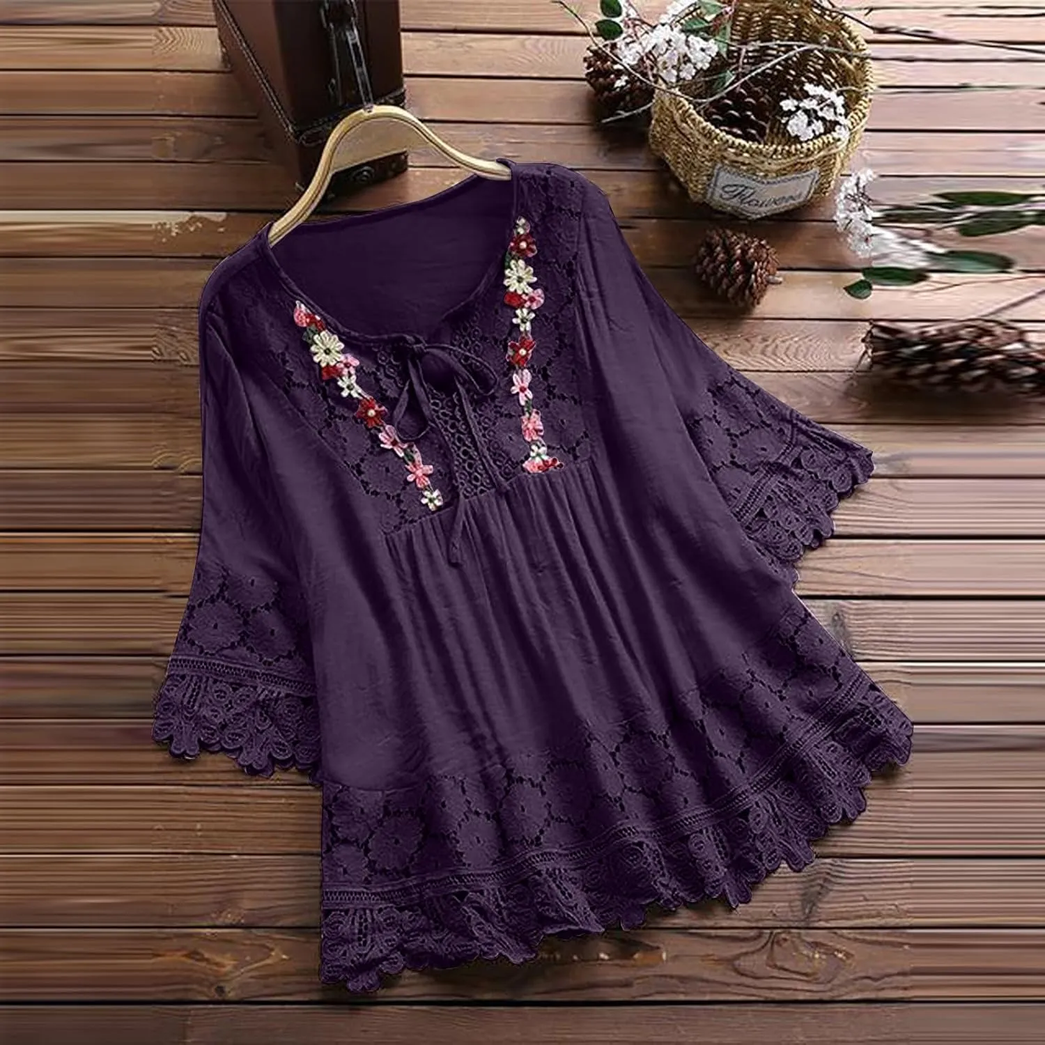 Womens Shirts 3/4 Sleeve Cotton Linen Ruffled Hollow Out Fashion Blouses Top Solid Color Loose Soft Lace Up T-Shirt