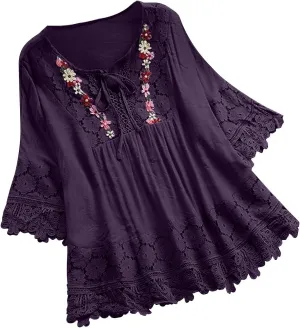 Womens Shirts 3/4 Sleeve Cotton Linen Ruffled Hollow Out Fashion Blouses Top Solid Color Loose Soft Lace Up T-Shirt