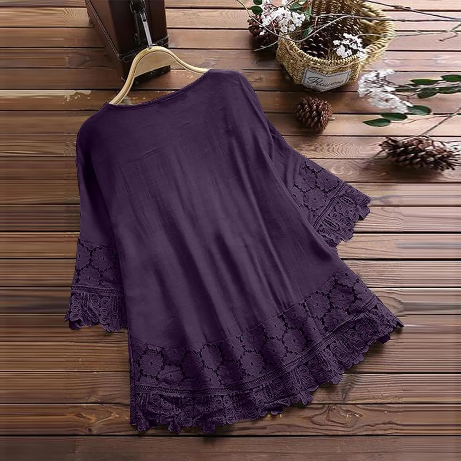 Womens Shirts 3/4 Sleeve Cotton Linen Ruffled Hollow Out Fashion Blouses Top Solid Color Loose Soft Lace Up T-Shirt