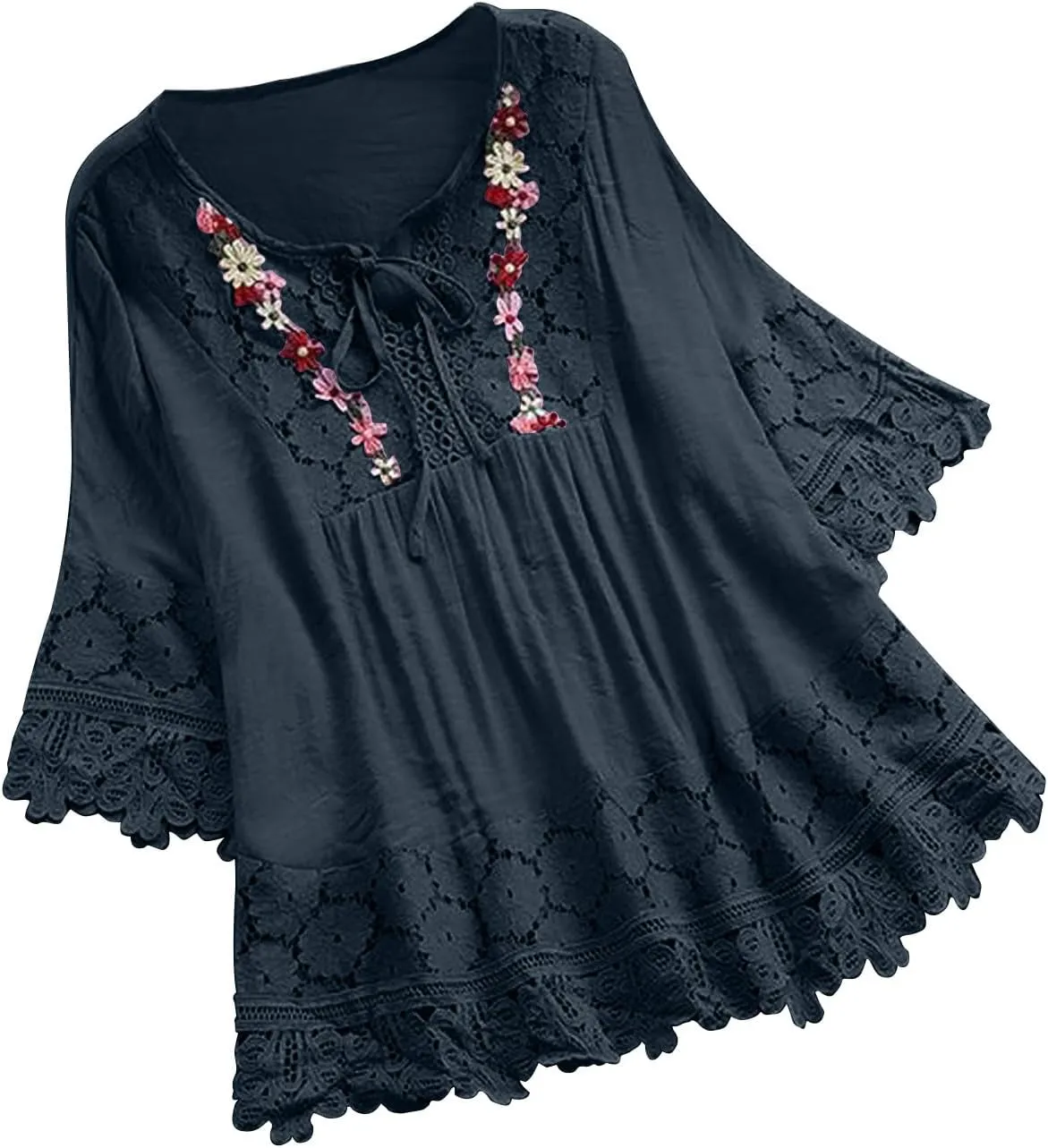 Womens Shirts 3/4 Sleeve Cotton Linen Ruffled Hollow Out Fashion Blouses Top Solid Color Loose Soft Lace Up T-Shirt
