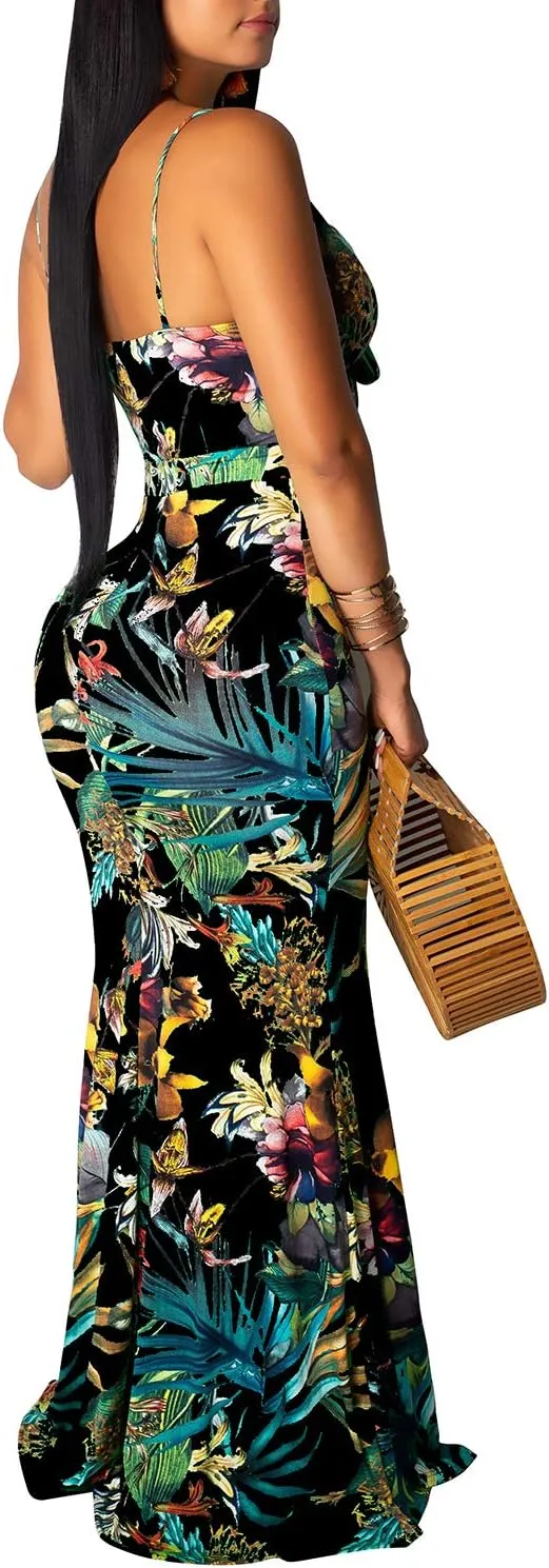 Women's Summer Floral Spaghetti Strap Long Maxi Dresses Low-Cut Bohemian Beach Sundress