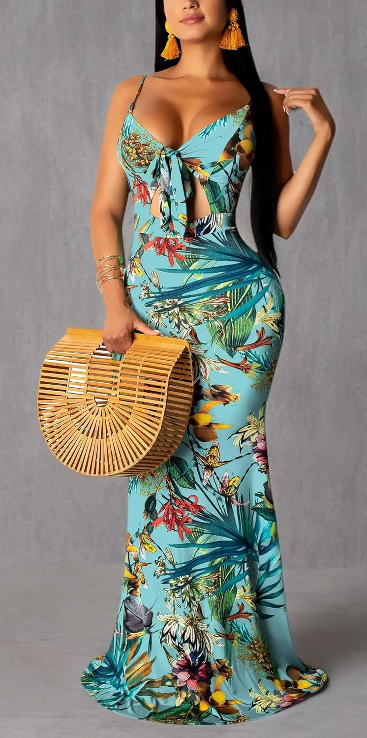 Women's Summer Floral Spaghetti Strap Long Maxi Dresses Low-Cut Bohemian Beach Sundress