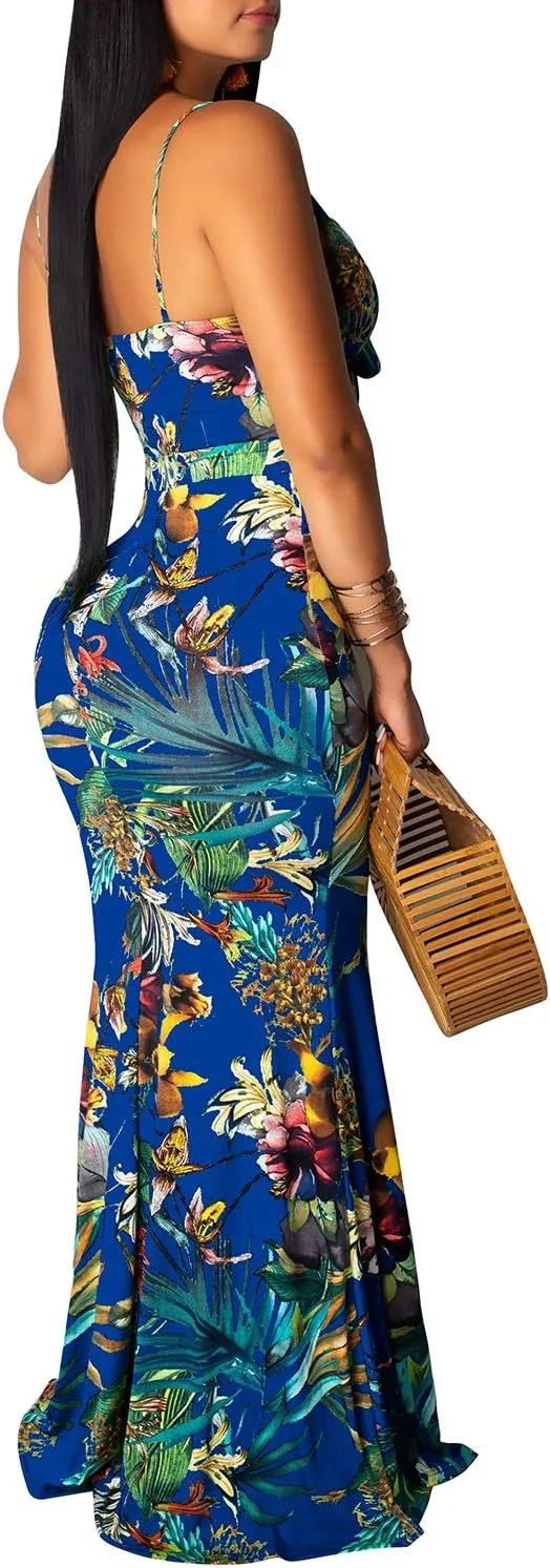 Women's Summer Floral Spaghetti Strap Long Maxi Dresses Low-Cut Bohemian Beach Sundress