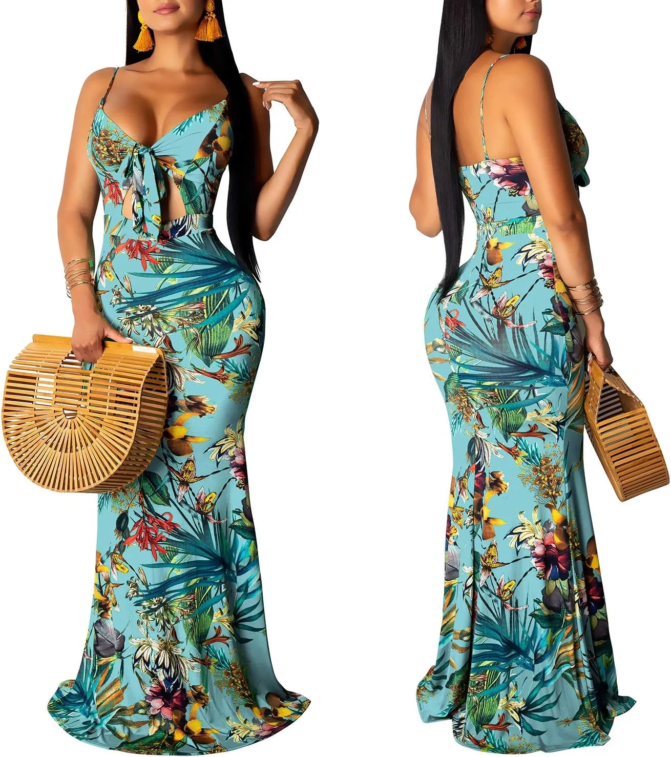 Women's Summer Floral Spaghetti Strap Long Maxi Dresses Low-Cut Bohemian Beach Sundress