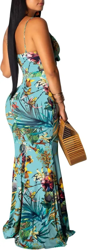 Women's Summer Floral Spaghetti Strap Long Maxi Dresses Low-Cut Bohemian Beach Sundress