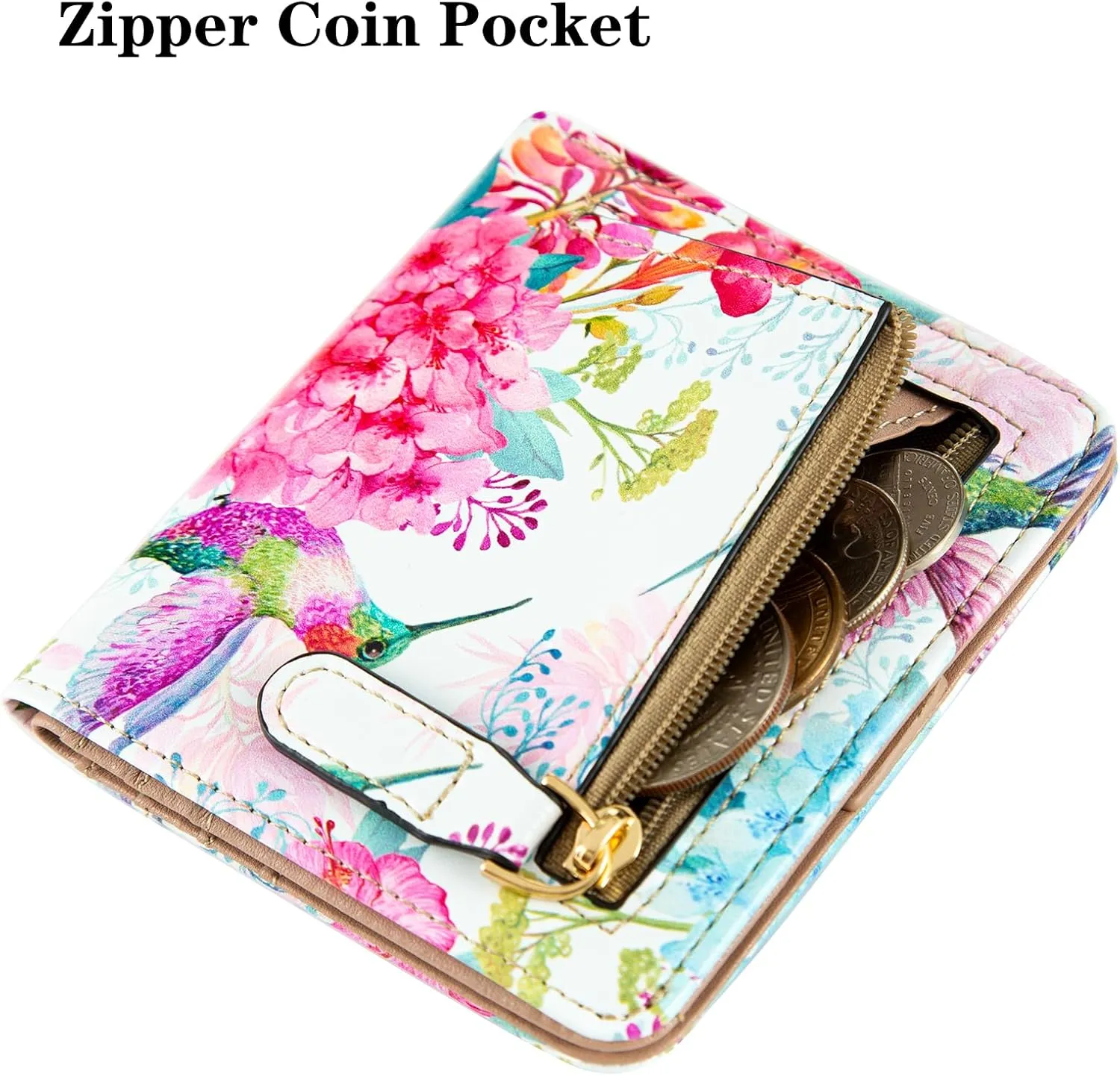 Womens Walle Rfid Blocking Small Compact Bifold Pocket Wallet Women travel mini wallet Ladies Purse with ID Window (Flowers and Hummingbirds)