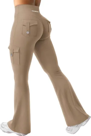 YEOREO CoreFlex Women Workout Flare Leggings with Pockets Hidden Scrunch High Waisted Cargo Gym Yoga No Front Seam Leggings