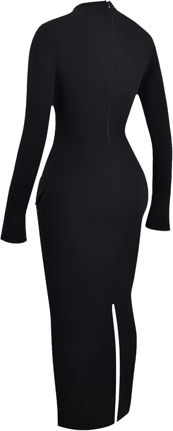 YMDUCH Women's Long Sleeve Mock Turtle Neck Bodycon Back Slit Club Party Long Pencil Dress