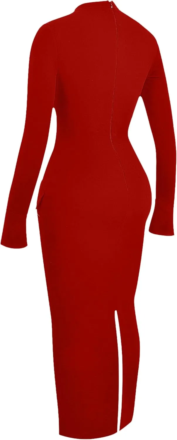 YMDUCH Women's Long Sleeve Mock Turtle Neck Bodycon Back Slit Club Party Long Pencil Dress