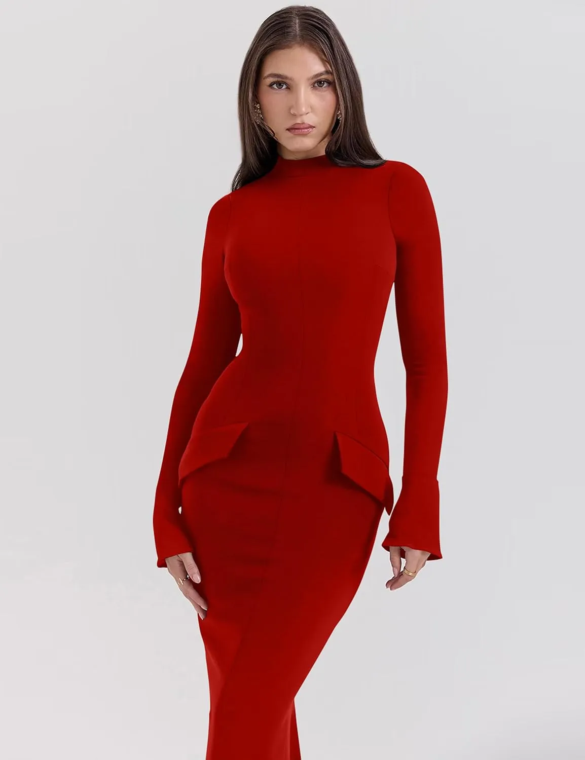 YMDUCH Women's Long Sleeve Mock Turtle Neck Bodycon Back Slit Club Party Long Pencil Dress