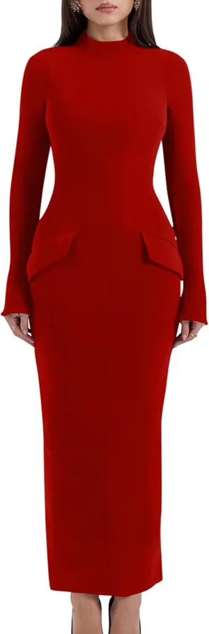 YMDUCH Women's Long Sleeve Mock Turtle Neck Bodycon Back Slit Club Party Long Pencil Dress