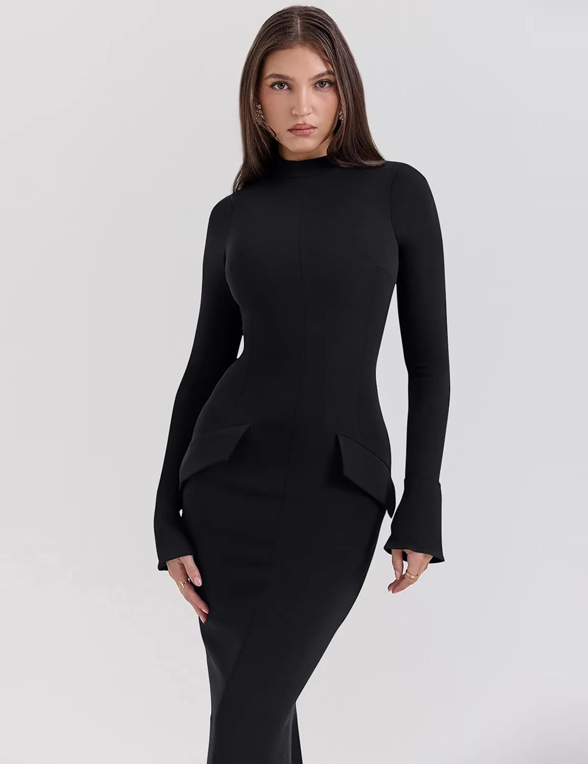 YMDUCH Women's Long Sleeve Mock Turtle Neck Bodycon Back Slit Club Party Long Pencil Dress