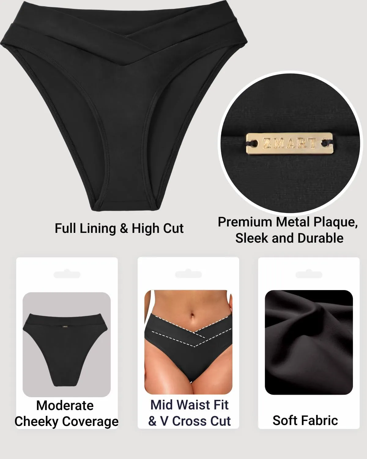 Zmart Women V Cut Cheeky Bikini Bottom - High Cut Bathing Suit Bottom Mid Rise Swim Bottoms Swimsuit