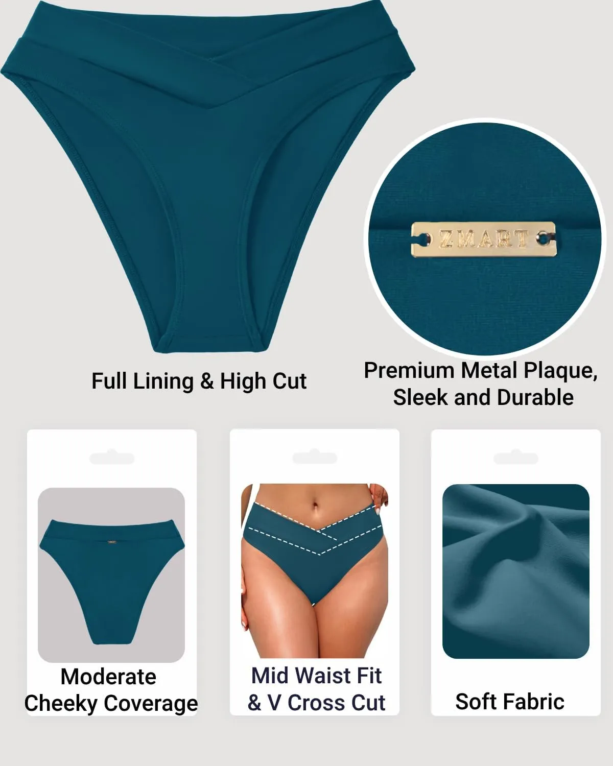 Zmart Women V Cut Cheeky Bikini Bottom - High Cut Bathing Suit Bottom Mid Rise Swim Bottoms Swimsuit